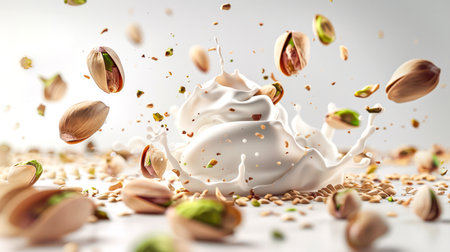 Pistachios with whipped cream. Pistachios fall on the table with splashes of cream. A natural product. The image looks playful and whimsical as nuts and seeds are scattered all over the white backgroundの素材