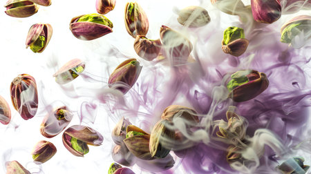 A handful of pistachios soars in white-purple smoke in the air on a white background. A delicious snack. Healthy eating. The image has a dreamy, surreal tint, as if the nuts are floating in a hazy, unearthly atmosphereの素材