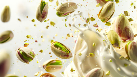 An explosion of pistachios and milk. A bunch of pistachios in a shell flies through the air with a splash of milk or cream. A natural organic product. Healthy eating. Nuts are scattered all over the background.の素材