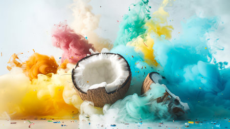 The two halves of the coconut are shrouded in a multicolored cloud of smoke. The smoke consists of various colors, including yellow, blue and green. Delicious tropical dessert. Healthy eating. food backgroundの素材