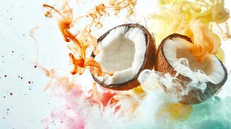 Close-up of two halves of coconut shells surrounded by colored smoke. A sense of movement and energy. A delicious natural product. A vegan diet. Coconut harvestの素材