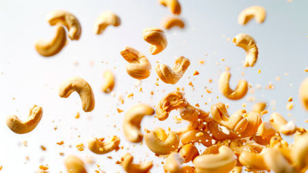 A bunch of cashew nuts are flying through the air. Cashew nuts are scattered all over the image. A cashew explosion. A delicious protein snack. The scene creates a sense of chaos and disorderの素材