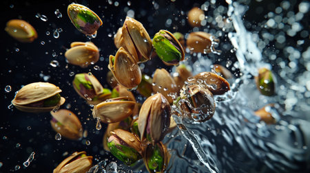 Juicy fragrant pistachios fall into the water and create a lot of splashes. A handful of pistachios are washed in water on a black background. Healthy eating. A vegan snack. Yummyの素材