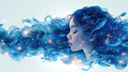 The concept of the Pisces sign according to the horoscope. Porter is a young woman with blue hair in which fish swim like in the sea on the waves. Women's Day is March 8th. There is something fabulous, unearthly in this image, and the woman's hair is fluttering in wavesの素材