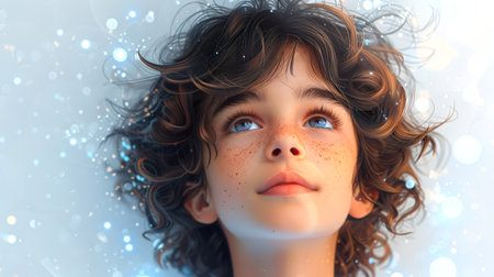 Close-up of the face of a little boy with curly brown hair and blue eyes. The innocence of a child. A dreaming kid. The future of humanity. There is something dreamy, whimsical in the image, as if the child is immersed in his thoughts or daydreamingの素材