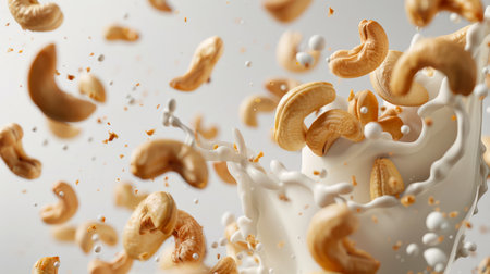 Natural milk with cashew nuts floating in it. Cashew milk. Cashew nuts are scattered throughout the liquid, creating a sense of chaos and movement. The image conveys a feeling of energy and excitementの素材