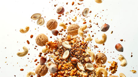 A healthy snack. A handful of nuts flies into the air on a white background. Walnuts, cashews and hazelnuts are used as nuts. The image creates a playful and energetic mood, as if nuts are flying through the airの素材