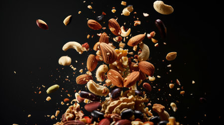 A walnut splash on a black background. The nuts include almonds, cashews, walnuts and others. A scattering of nuts flies into the air. Protein snackの素材