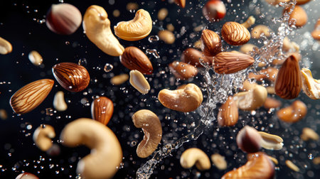Clean water is poured over a handful of nuts. Close-up of cashews, almonds, hazelnuts, peanuts and water droplets in the air on a black background. Washing nuts. Nuts are scattered all over the backgroundの素材