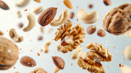 Close-up of nuts in the air, including walnuts, almonds and cashews. The nuts scatter in a chaotic manner, creating a sense of movement and energy. The image conveys a feeling of abundanceの素材