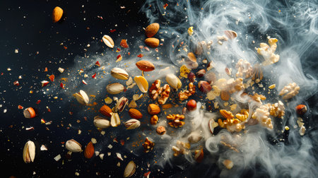 Nuts in smoke on a black background. A handful of almonds, cashews, walnuts, pistachios and hazelnuts are floating in the air. Nut explosion. A healthy protein snackの素材