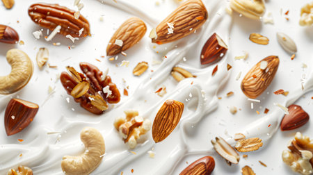 Nuts in natural yogurt. Almonds, cashews and walnuts fall into a white cream. Ingredients for filling a sweet pie. A delicious healthy snack. Milk splashes.の素材