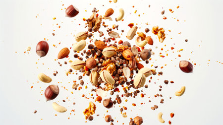 Walnut explosion on a white background. Different nuts are scattered all over the image. Almonds, cashews, walnuts, hazelnuts and peanuts are used as nuts. The image is filled with a playful and energetic atmosphereの素材