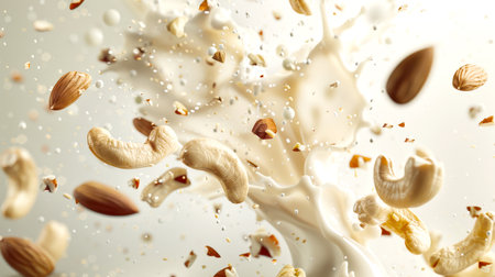 Nut milk Almonds and cashews fly into the air with a splash of natural milk. A healthy snack. food backgroundの素材