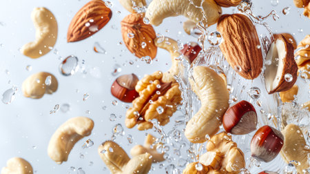 Washing nuts in clean, clear water. A handful of almonds, walnuts, hazelnuts and cashews are scattered through the air in a spray of water. A healthy protein snack. Nut mixの素材