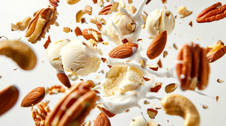 Nut mix with ice cream. Almonds, pecans and cashews are floating in the air with balls of vanilla ice cream. Sweet delicious dessert. There is a playful mood in this sceneの素材