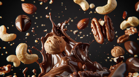 Chocolate mash with nuts flying through the air. Almonds, cashews and walnuts are mixed with a splash of thick milk chocolate on a black background. The scene is chaotic and playfulの素材