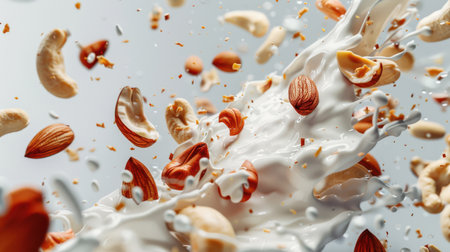 White icing sugar is mixed with cashew almonds on a white background in the air. Milk splash with nuts. A feeling of movement and energy, as if a liquid is being poured or mixedの素材