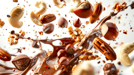 Nuts in chocolate. Almonds, walnuts, cashews and hazelnuts combine in the air with thick milk chocolate on a white background. Sweet delicious dessert. A natural organic snackの素材