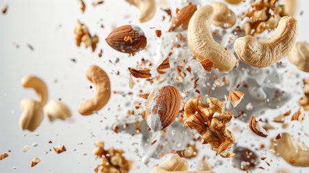 A natural organic product. Close-up of whole nuts and their pieces in the air. These are almonds, walnuts and cashews. Close-up of nuts. A healthy snackの素材