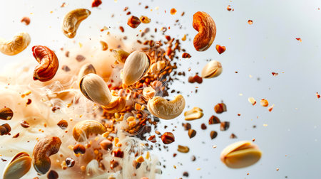A handful of nuts bursts out of the thick beige smoke. Close-up of cashew nuts and pistachios in the air. Nuts are scattered all over the image, some are falling and others are still floating in the air. The scene is chaotic and energeticの素材