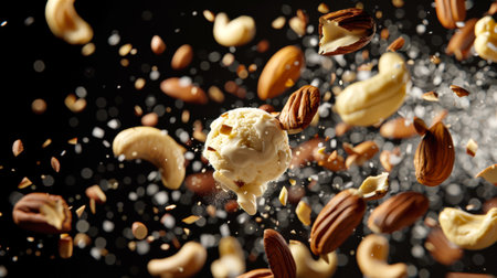 A close-up of an ice cream ball with different nuts flying around it. Almonds and cashews combine with ice cream in the air on a black background. A feeling of excitement and fun, as if ice cream is thrown into the airの素材