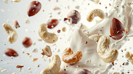Nuts in white icing sugar. Natural yogurt with cashews and almonds. Delicious dessert. A healthy protein snack. The image conveys a feeling of energy and excitementの素材