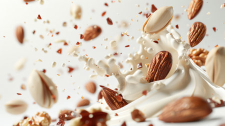A handful of nuts with natural yogurt. A healthy protein breakfast. Almonds and pistachios are mixed with icing sugar on a white background. The image looks playful and funnyの素材