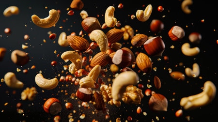 An assortment of nuts flies into the air. The nuts include almonds, cashews, hazelnuts and walnuts. A delicious healthy protein snack. Close-up of nuts.の素材