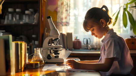 A young girl is sitting at a desk with a microscope in front of her. A schoolgirl is writing something in a notebook. She's doing her biology homework at school. Back to schoolの素材