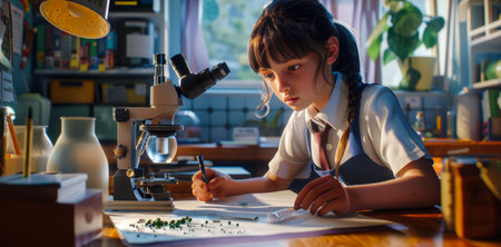 A little schoolgirl is sitting at a table with a microscope and writing a biology report. The girl is focused on her studies. The action takes place in her nursery, with a potted plant in the background.の素材