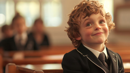 A cute, pretty boy with curly hair in a suit and tie is sitting in the school office and dreamily looking up. A student flies in the clouds in class. The concept of back to school. A candid portrait of a happy excellent studentの素材