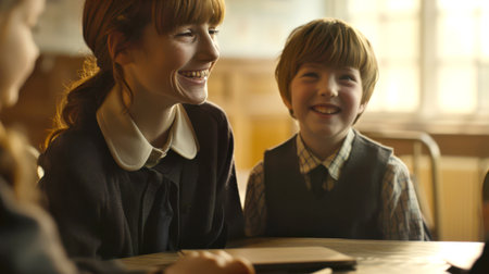 The teacher is surrounded by his young students. The woman and the boy are smiling and laughing. The woman is wearing a black dress, and the boy is wearing a vest. They are sitting at a table with a book in front of them.の素材