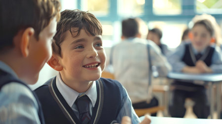 Two boys are chatting in class. Students in school uniforms look at the teacher. Back to school. The importance of schoolingの素材