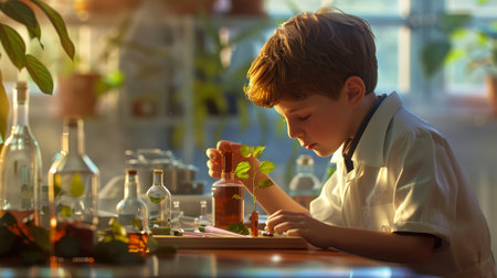 The boy is working on a school biology project. A student is sitting at a table, with various bubbles and a green plant in front of him. He is intently studying his workの素材