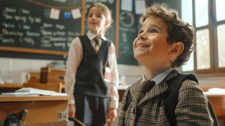 A boy and a girl look up at their teacher with enthusiasm. Students are in the classroom at the blackboard. Back to school. The boy is wearing a tie and a jacket, and the girl is wearing a vestの素材