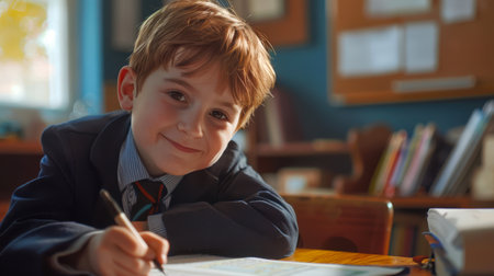 Back to school. A cute little schoolboy sits at a table with a pen and a notebook and smiles when he does his homework. This scene creates a positive and happy atmosphere. School educationの素材