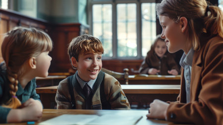 The teacher explains the topic of the lesson to the students. A boy and a girl are sitting at a desk in the classroom and attentively listening to a young female teacher. Back to schoolの素材