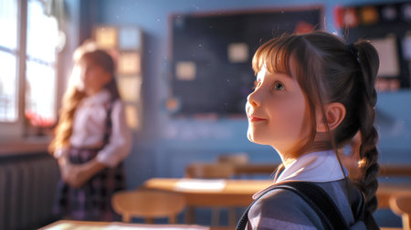 A cute little schoolgirl is looking at the teacher. She is in a school classroom with another student. The concept of back to school. The importance of education.の素材