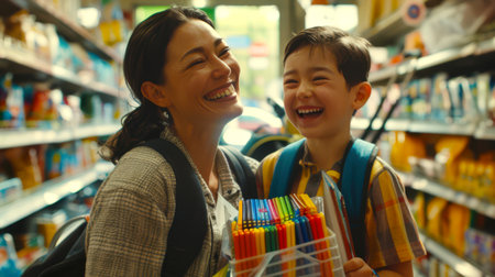 A boy holds a basket with school supplies in his hands. Mom and son are getting ready for school. Back to school. Asian woman and boy smile and laugh in the store.の素材