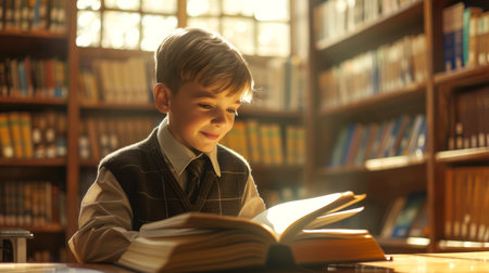 A smart little boy is sitting at a table in the school library and reading a book. He smiles and enjoys what is happening. The library is full of books, and the student is surrounded by themの素材