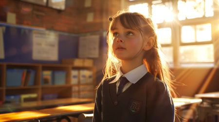 Candid portrait of a little girl in a school uniform in a school classroom. The room is filled with books and a desk. Back to schoolの素材