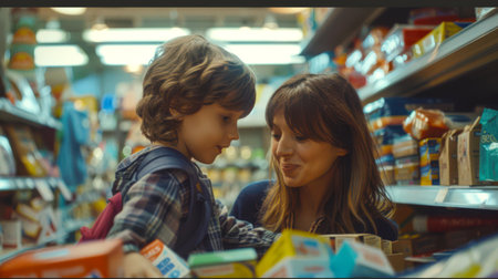 A boy and a woman are buying school supplies for the new school year. Back to school. A mother and her little schoolboy son are shopping at the store.の素材