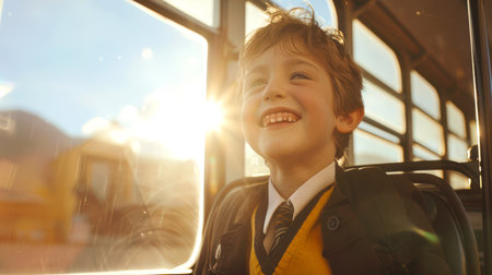 Portrait of a happy schoolboy sitting on a bus going to school. The boy is wearing a school uniform and a backpack on his back.の素材