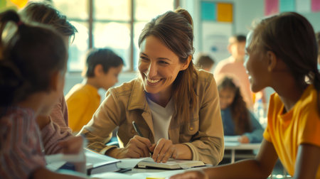 A teacher helps his students with a school math assignment. Students are sitting at a table with books and writing materials. The atmosphere is positive and friendlyの素材