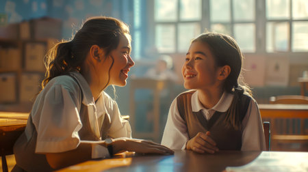 A little schoolgirl communicates with a teacher. Teacher's Day. Back to school. The idea of warmth and friendship between an adult and a child. The importance of school educationの素材