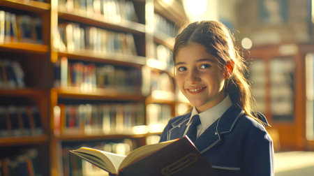 A young schoolgirl is smiling and holding a book in the library. The concept of curiosity and learning, as the girl is surrounded by a lot of books, which indicates her interest in readingの素材