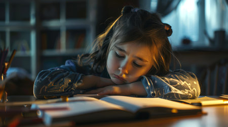 A young girl fell asleep while doing school homework at home. She is sitting at her desk with an open book in front of her. She was tired of studying. The hard everyday life of a schoolboyの素材