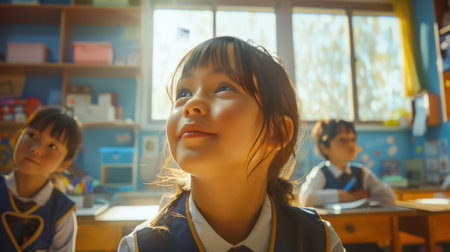 A lesson at an Asian school. A little girl is sitting in a classroom with her head cocked to one side. She smiles and looks at something. Back to school. There are other children in the class, some of them are sitting at their desksの素材