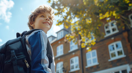 Back to school. A cheerful boy with a backpack on his back smiles in front of the school building. The concept of primary school educationの素材